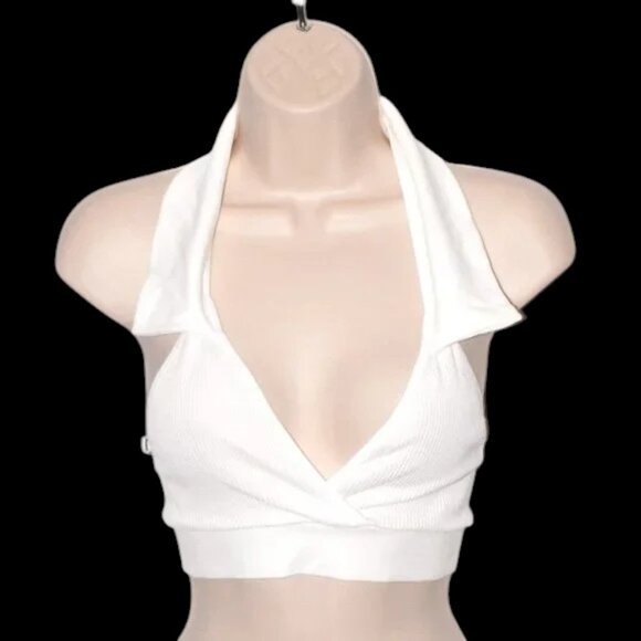 NWT ANWND Collared Crop Top Bright White Plunge Neck - Picture 1 of 3